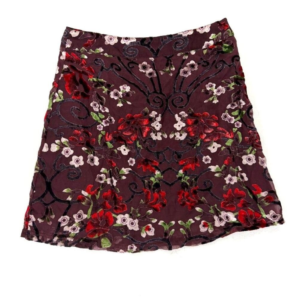 Maroon Floral Velvet Whimsigoth Witchy Dark Romantic Goth Grunge Mini Skirt XS/S